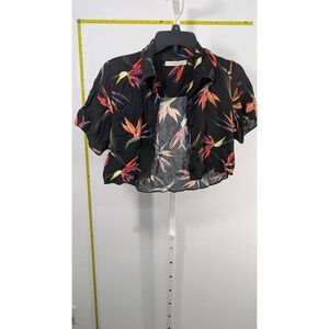 Aquamar Black Tropical Bird of Paradise Floral Button Down Crop Top Small